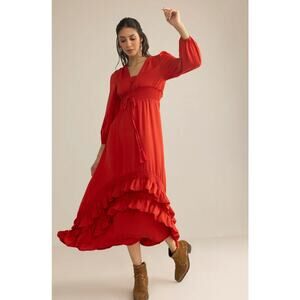 NWT Boutique Boho Women's Rouge Satin Ruffle Midi Dress by Bohera